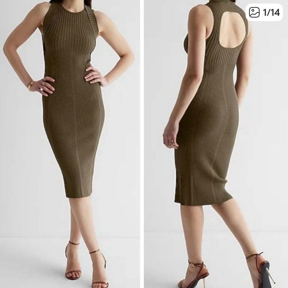 Express Olive Ribbed Midi Dress with Open Back